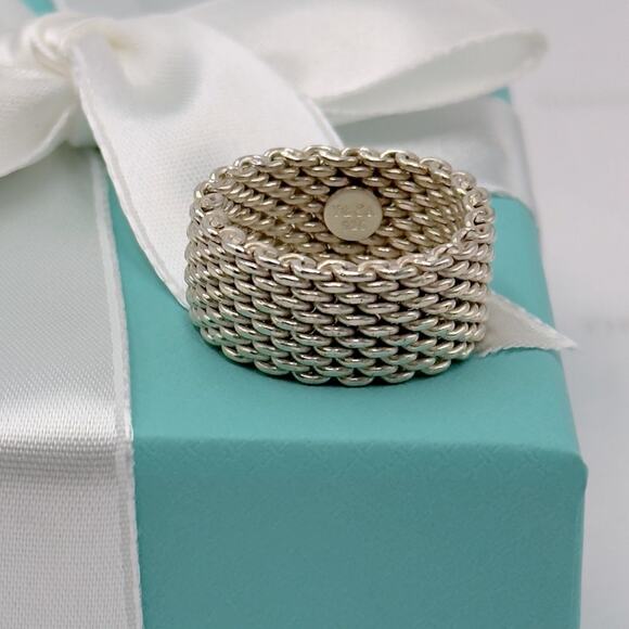 Tiffany & Co. Somerset Mesh Ring Band Size 8 Sterling Silver 925 W/ Pouch & Box - Picture 6 of 10